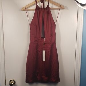 Meshki Peyton high neck key hole mini dress in burgundy Size XS